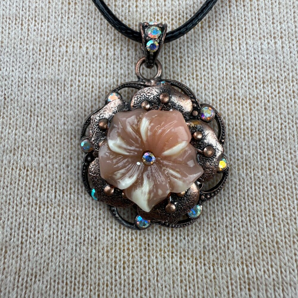 Copper Pink Enamel Rhinestone Flower Pendant Black Cord 22.5" - Picture 2 of 6